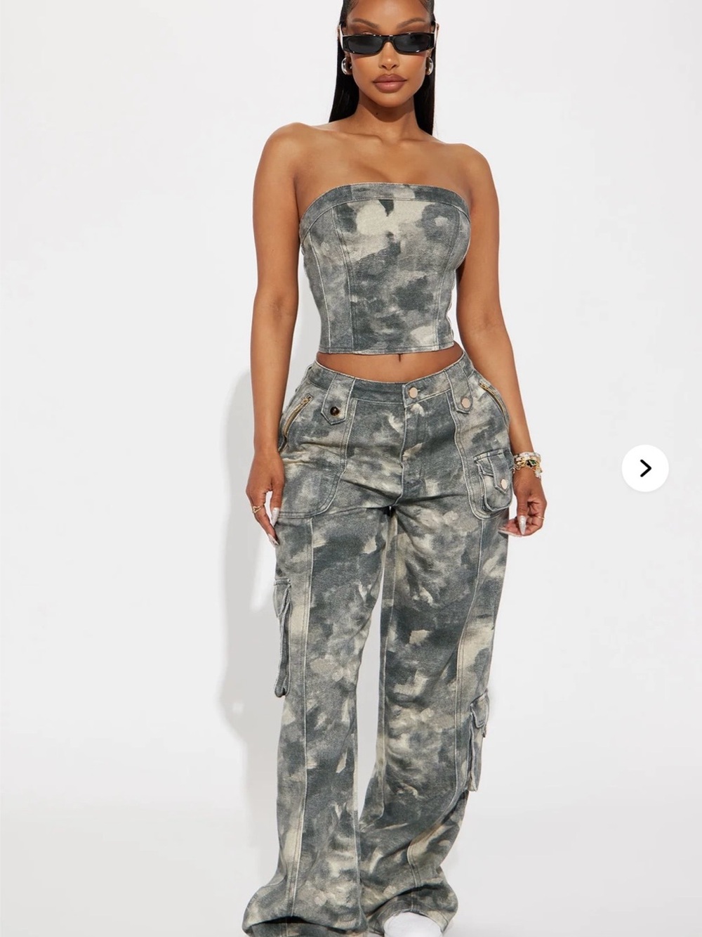 Fashion Nova Green & Cream Tie-Dye Wide Leg Cargo Set